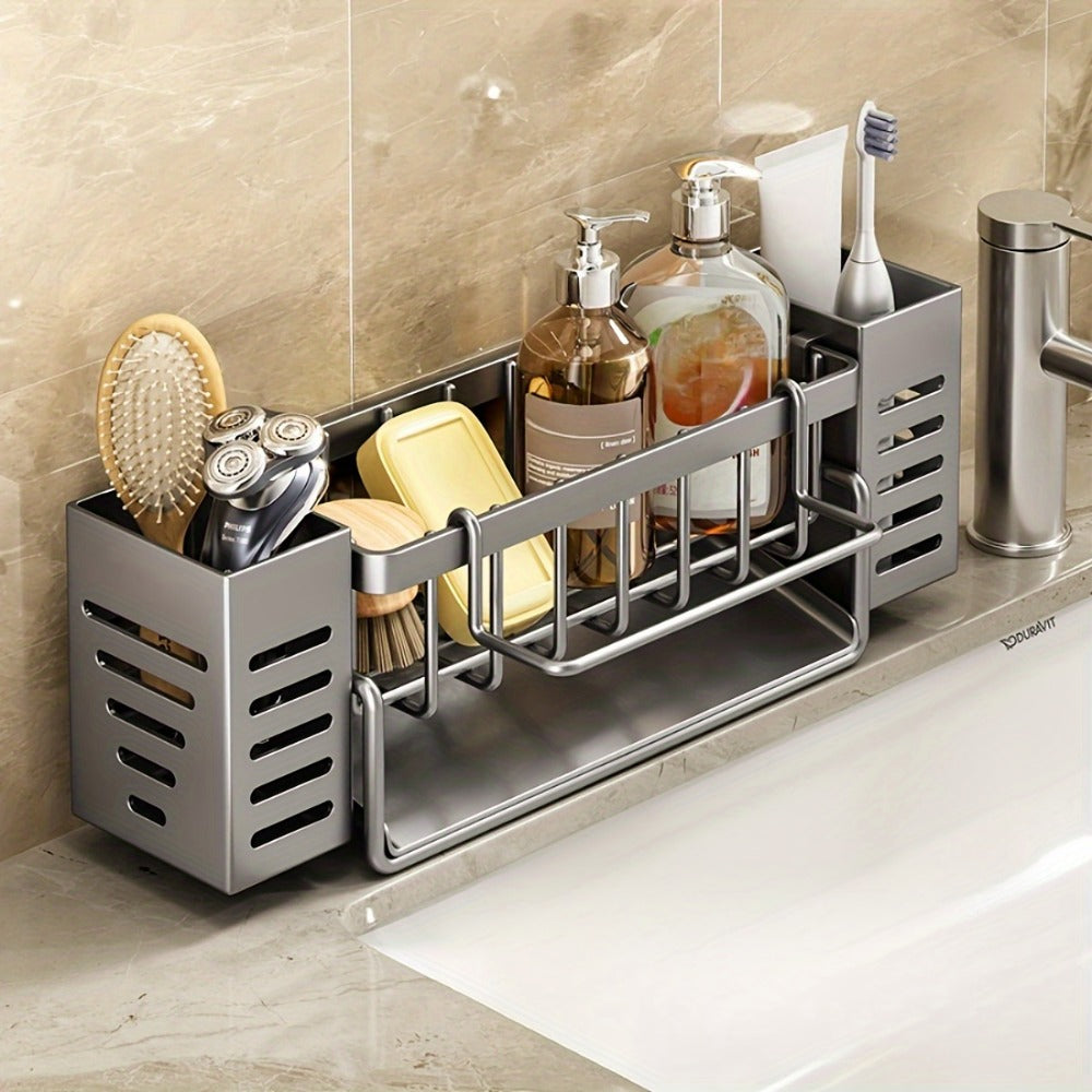 Kitchen Sink Organizer Sponge Holder with Self-Draining Tray Removable Rag Rod Carbon Steel Countertop Storage Rack for Sponges Brushes Soap Bathroom