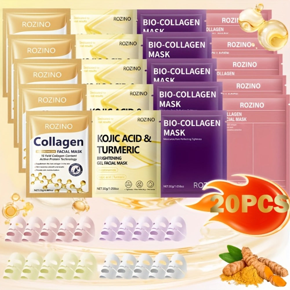 Bio-Collagen Powerful Moisturizing Face Mask Set 20pcs | Deep Hydration Anti-Aging Skincare for Dry Dull Sagging Skin | Facial Masks for Men and Women