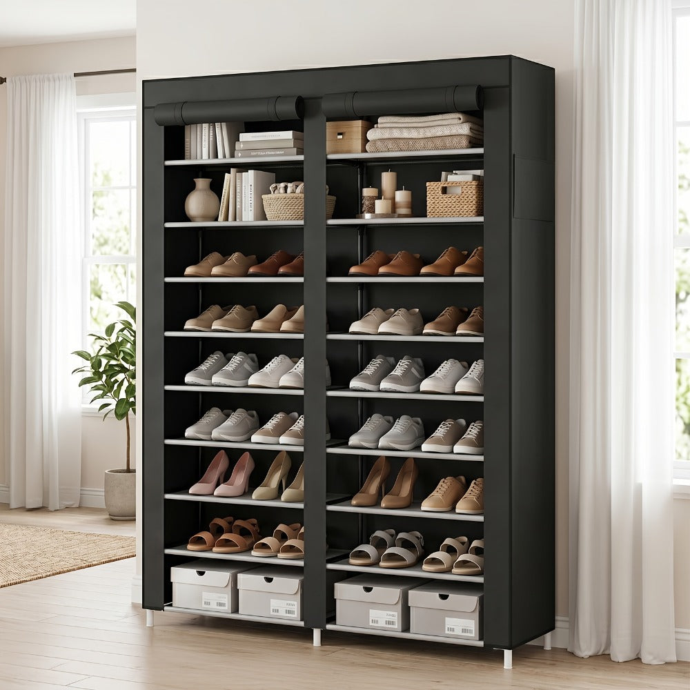 Shoe Rack Organizer 9 Tier Double Row Large Capacity Holds 42 Pairs Nonwoven Fabric Dust Cover Portable Shoe Cabinet Space Saving Easy Assembly for Home Bedroom Closet Dormitory Black