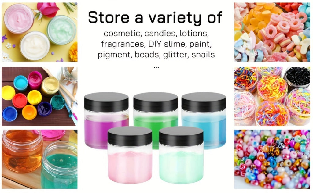 Clear Plastic Jars with Lids 4oz Set of 12 - Leakproof Food Storage Containers with Black Lids for Spice, Honey, Candy, Slime