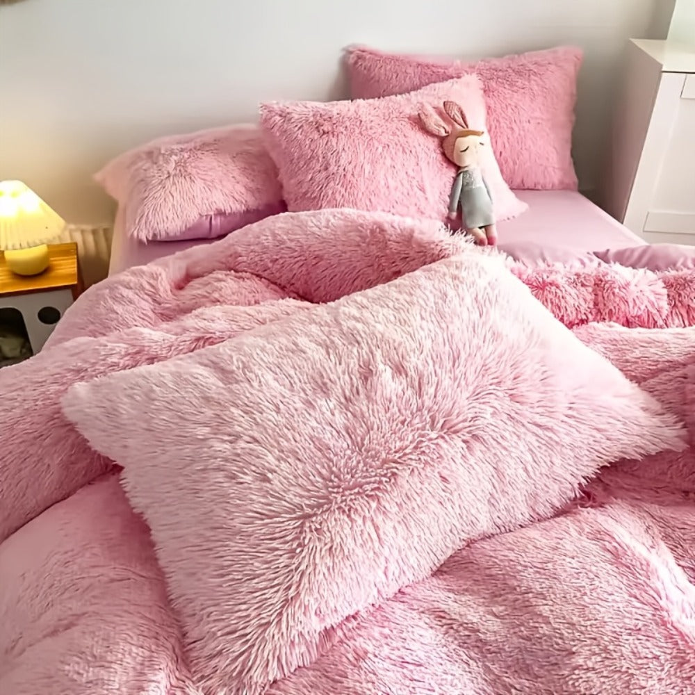 Faux Fur Duvet Cover Set Twin Queen King Super Soft Plush Comforter Cover with Pillowcases Heart Pillow for Kids Teens Machine Washable Bedroom Decor