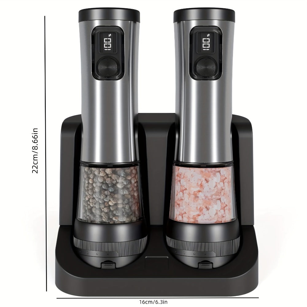 Electric Salt and Pepper Grinder Set Rechargeable USB Large Capacity with Base Automatic Adjustable Coarseness LED Display Kitchen Gift Silver Black
