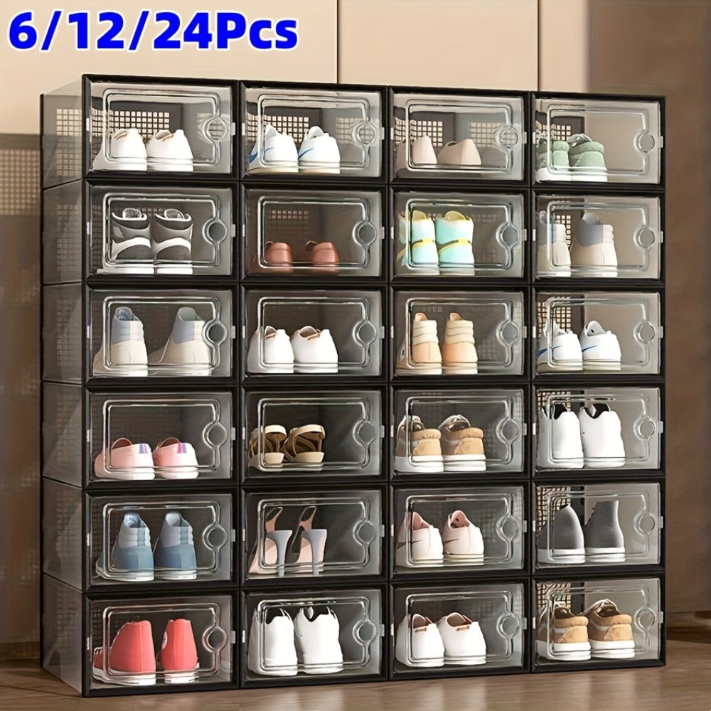 Transparent Stackable Shoe Boxes with Lid ¨C Foldable Clear Sneaker Storage Organizer (6/24pcs)