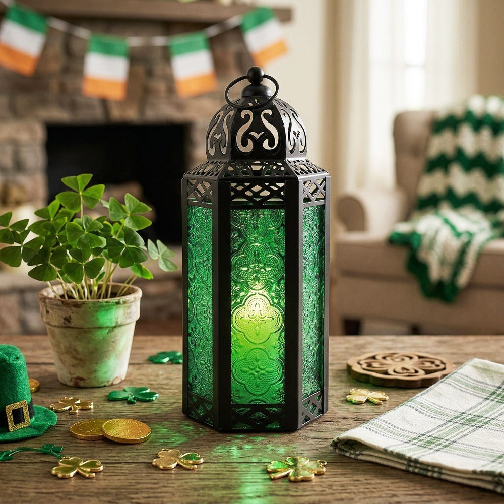 Moroccan Candle Lantern Holder - Decorative Metal & Glass Lantern with Embossed Floral Design for Indoor Home Decor, Garden, Patio, Weddings, Ramadan, Halloween & Holiday Celebrations - 10.5¡± Tall Medium Size