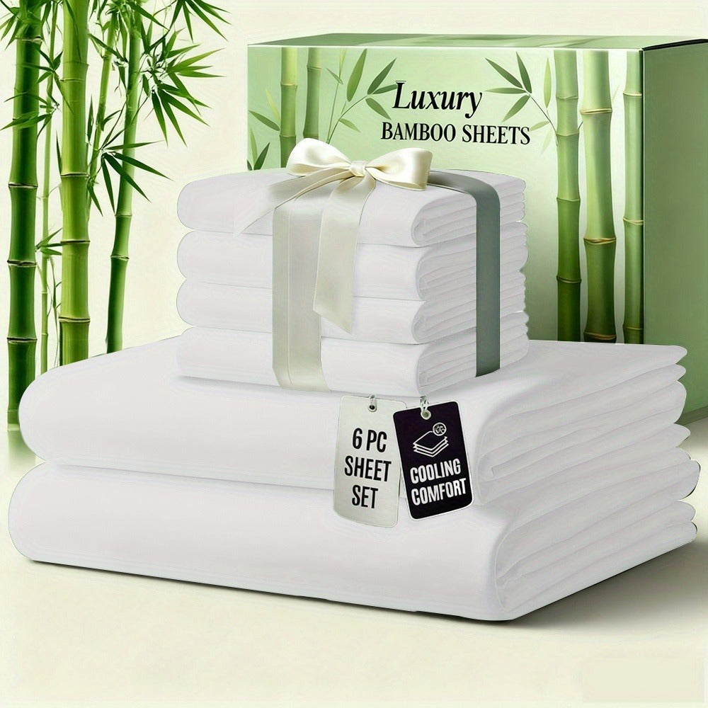 Bamboo Bed Sheet Set 6-Piece Cooling Soft Bedding with Deep Pocket Fitted Sheet - Viscose Derived from Bamboo Sheets Twin Full Queen King Size Breathable Wrinkle-Resistant Luxury Bedding Set