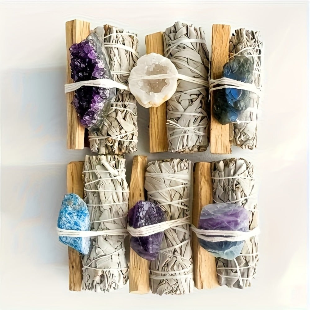 Natural Crystal White Sage Smudge Set for Space Cleansing Home Rituals Meditation Decor Teacher Appreciation Easter Gift Random Crystal