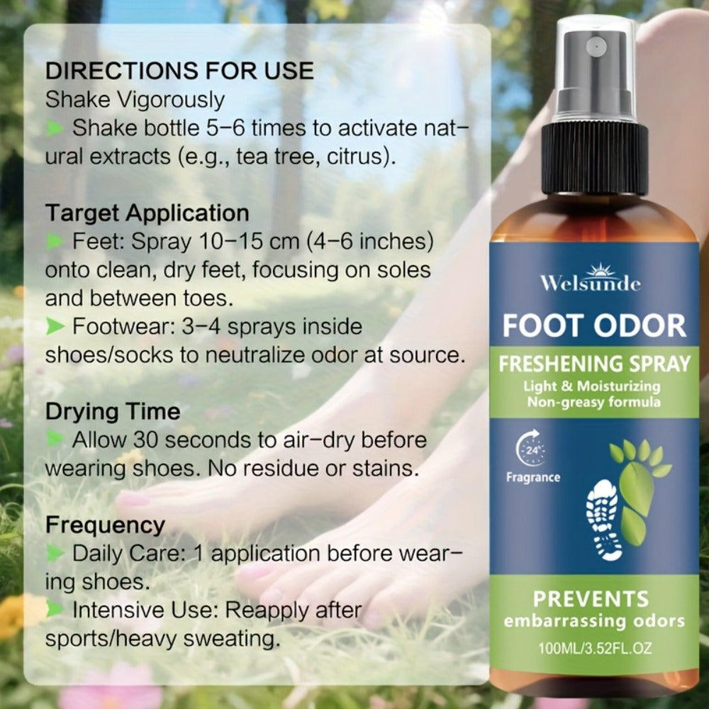 Foot & Shoe Deodorant Spray - Odor Control & Long-Lasting Freshness, Quick-Absorbing Non-Greasy Formula, Hypoallergenic, 100ml/3.52fl.oz, for Men & Women