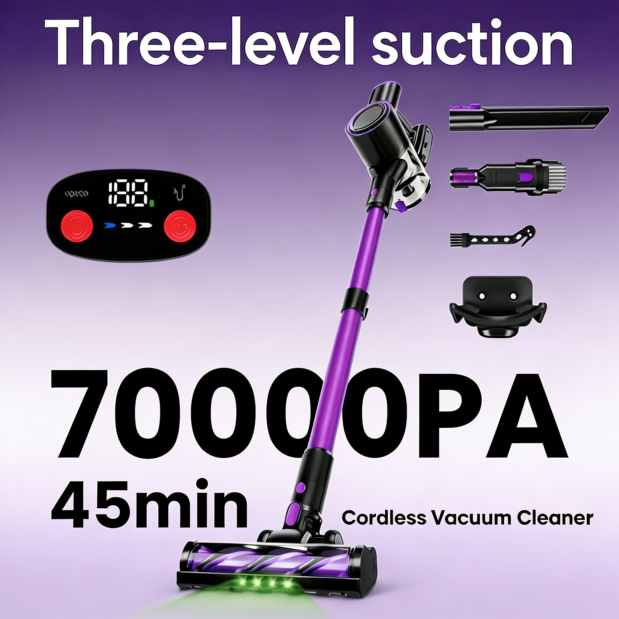 Vertical Vacuum Cleaner 55-70Kpa 3-Speed Adjustment with LED Floor Brush & Detachable Battery - 45 Min Runtime, Lightweight Handheld for Pet Hair, Carpet & Hard Floors, 7 Colors Available