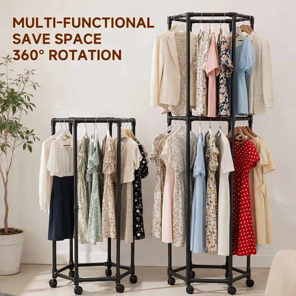 Rolling Hexagon Clothes Drying Rack 1 or 2 Layer ¨C Sturdy Metal Floor Stand with Wheels, Multi-Bar & 10 Clips, Portable Laundry Rack for Bedroom, Balcony & Dorm