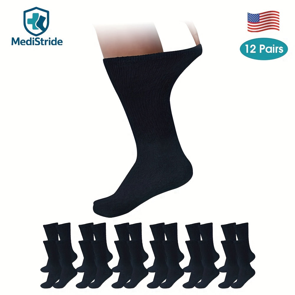 Cotton Diabetic Crew Socks 12 Pairs Non-Binding Neuropathy Loose Fit Seamless Cushioned Full Length for Men Women Edema Sensitive Feet White Black Brown Khaki Navy Grey