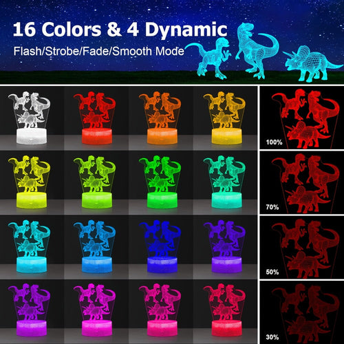 3D Holographic Dinosaur Night Lamp 16 Color Changing T-Rex LED Bedside Lamp Remote Touch Control Adjustable Brightness Kids Room Decor Gift Boys Girls Jurassic