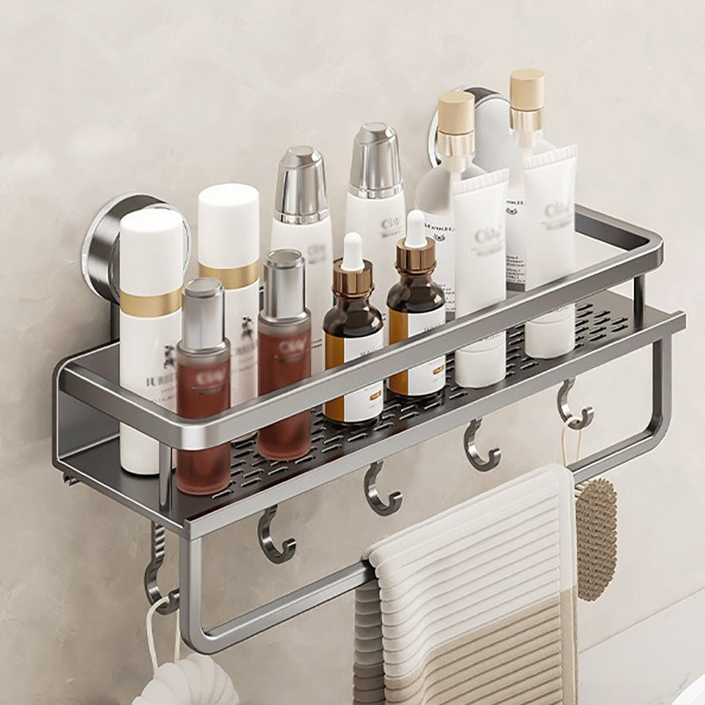 Shower Caddy Shelf Wall Mounted Suction Cup Rustproof Floating Bathroom Organizer Rack with Towel Hook for Shampoo Soap Accessories Space Saving Storage