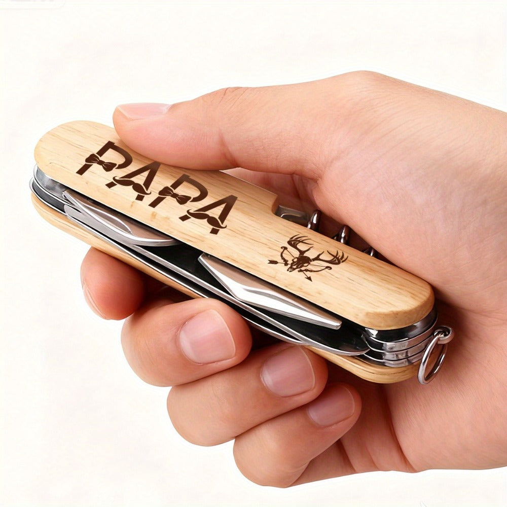 9-in-1 Multi-Purpose Keychain Tool Wood Handle Portable EDC Pocket Tool with Scissors Screwdriver Bottle Opener for Camping Hiking Emergency Home Outdoor Survival Lightweight Durable