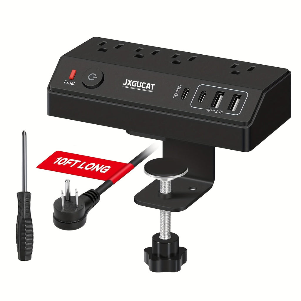Desk Clamp Power Strip with USB-C PD 20W Fast Charging - 4 AC Outlets 4 USB Ports Surge Protector 1050J 8.8Ft Flat Plug Extension Cord Removable Clamp Fits 1.8 Inch Tabletop Edge Home Office Gaming