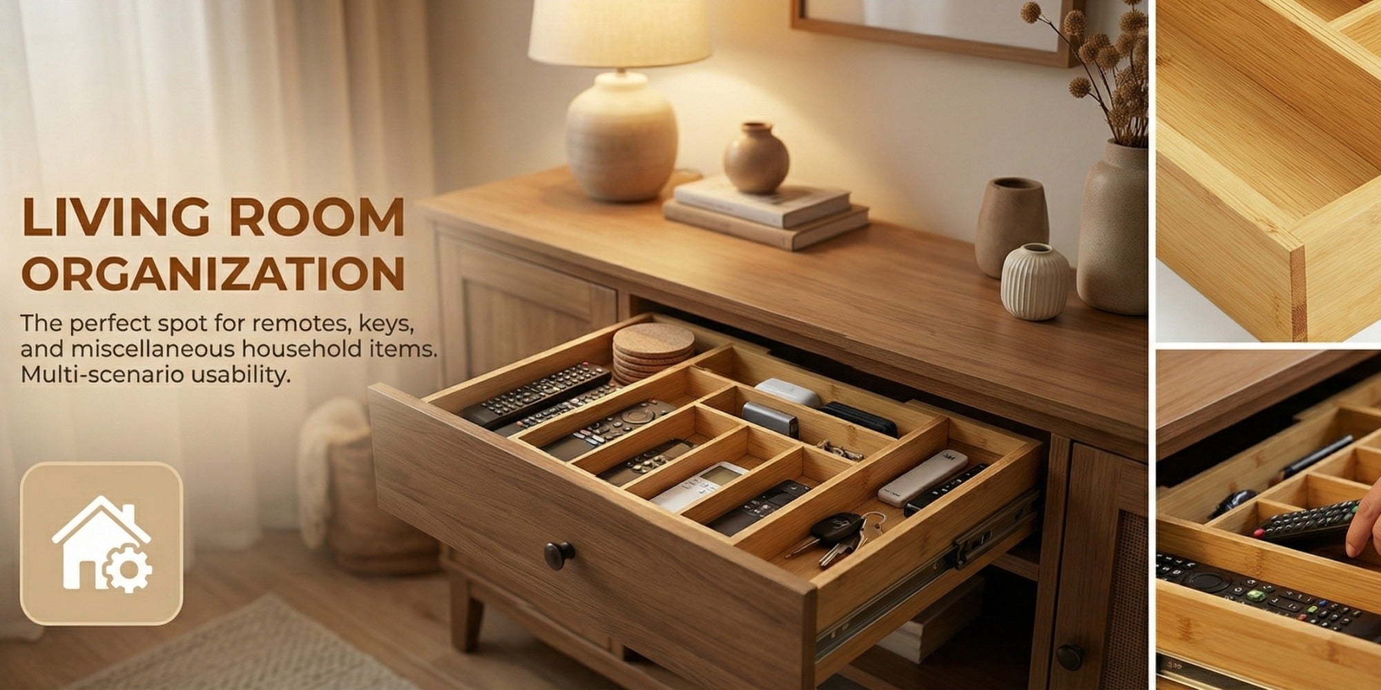 Bamboo Expandable Drawer Organizer Adjustable Cutlery Tray with 6-8 Compartments Wooden Drawer Divider for Kitchen Silverware Utensils Bedroom Office Living Room