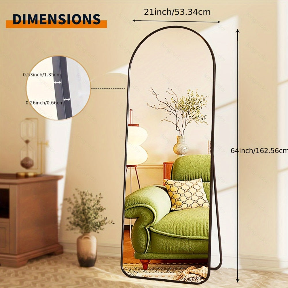 Full Length Mirror 59¡±x16¡± Arched Leaning Wall Mirror, Aluminum Alloy Thin Frame, Vertical or Tilted, Black & Gold