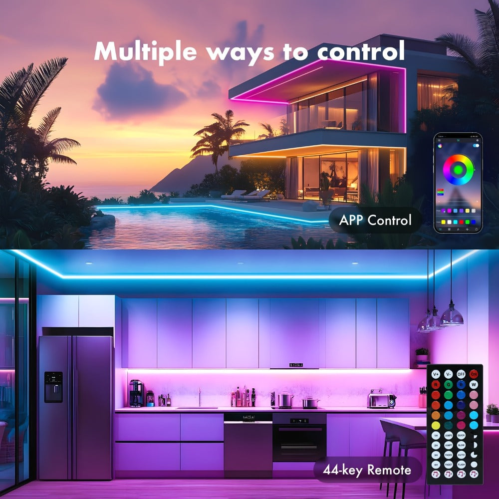 RGB LED Rope Lights with App & Remote Control, IP65 Waterproof Flexible Neon Strip, Music Sync, Multiple Modes, for Gaming Setup, Bedroom, Living Room, Indoor & Outdoor Decoration ¨C 10m & 20m Available