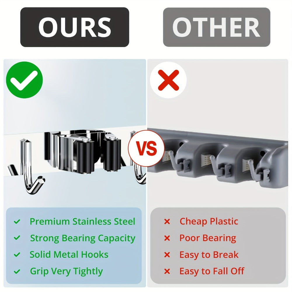 Wall Mounted Broom & Mop Holder ¨C 304 Stainless Steel Broom Organizer with 4 Racks & 5 Hooks ¨C Rustproof Non-Slip Wall Broom Hanger for Kitchen, Garage, Bathroom, Laundry & Closet Storage ¨C 2 Pack