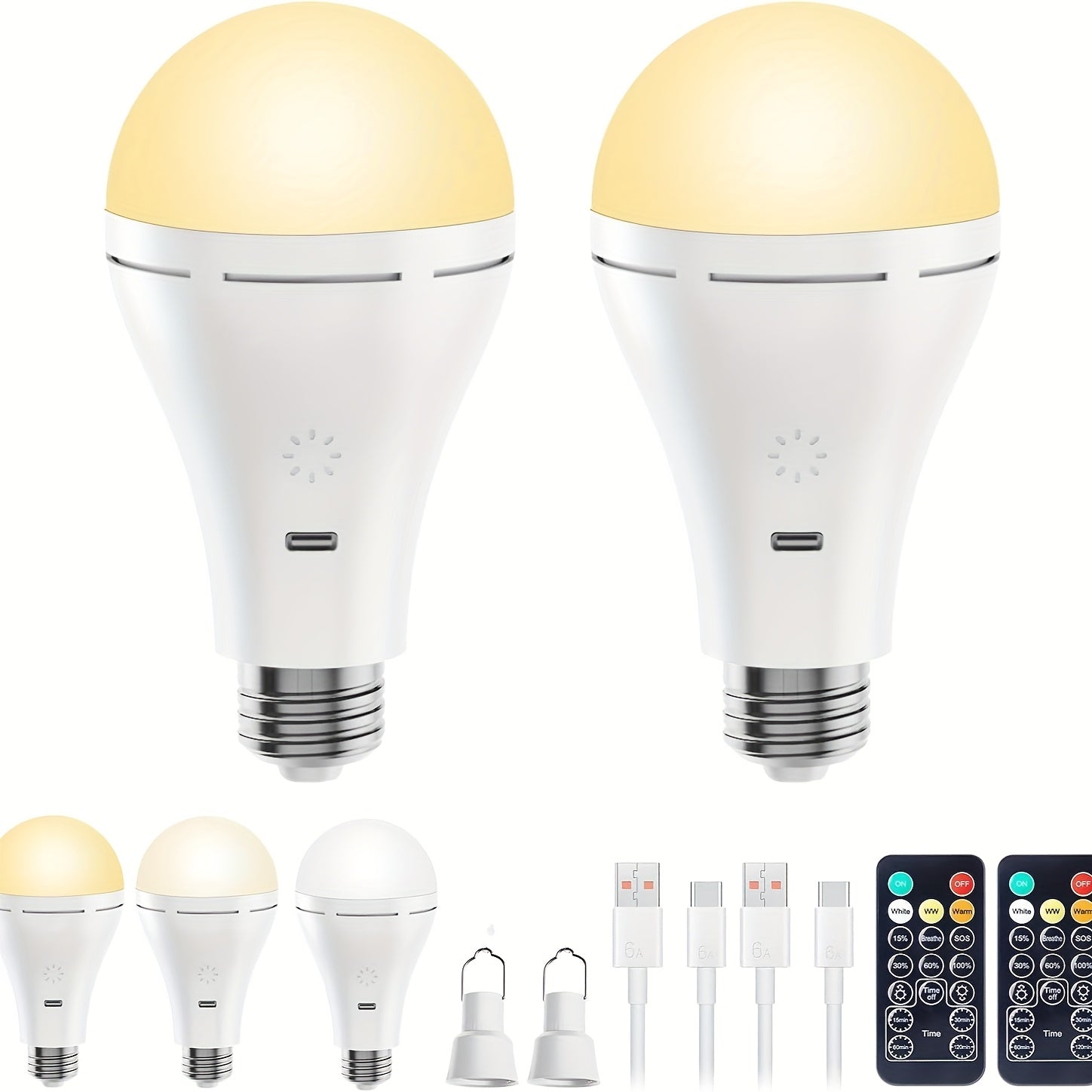 USB Rechargeable Light Bulbs 2-Pack with Remote Control Dimmable Timer 3 Color Temperatures E26 9W 350LM 2000mAh Emergency LED Bulb with Hook for Camping