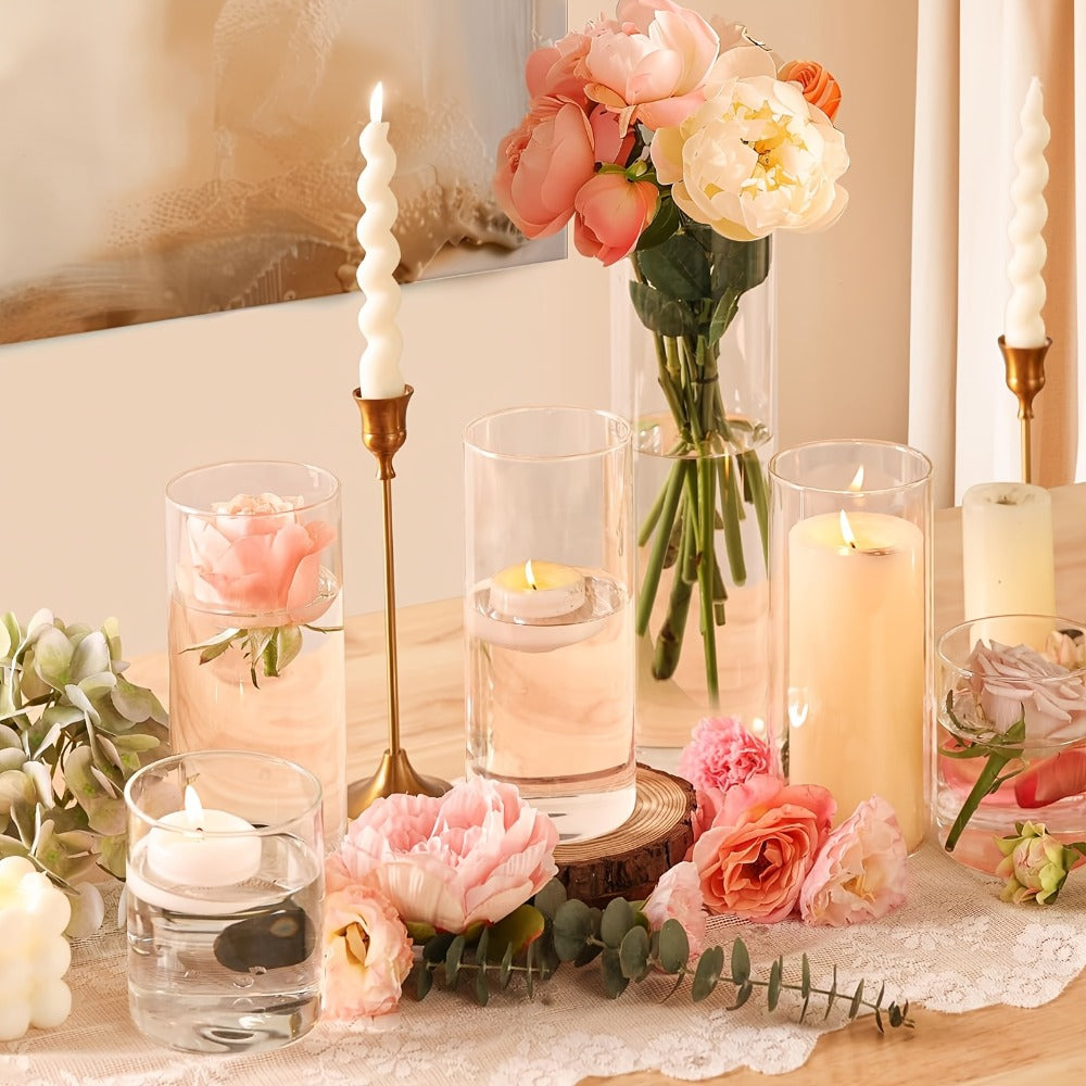 Glass Cylinder Vases Set 12 or 24pcs Clear Tall Flower Vase Candle Holder 4 Sizes for Wedding Centerpieces Home Decor Party Table Decoration DIY Candle Making