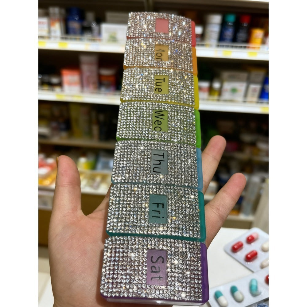 Pill Organizer Weekly 7-Compartment | Sparkly Rhinestone Travel Pill Case with Color-Coded Daily Slots | Monday to Sunday Pill Box for Vitamins, Supplements & Medication | Cute Portable Medicine Organizer