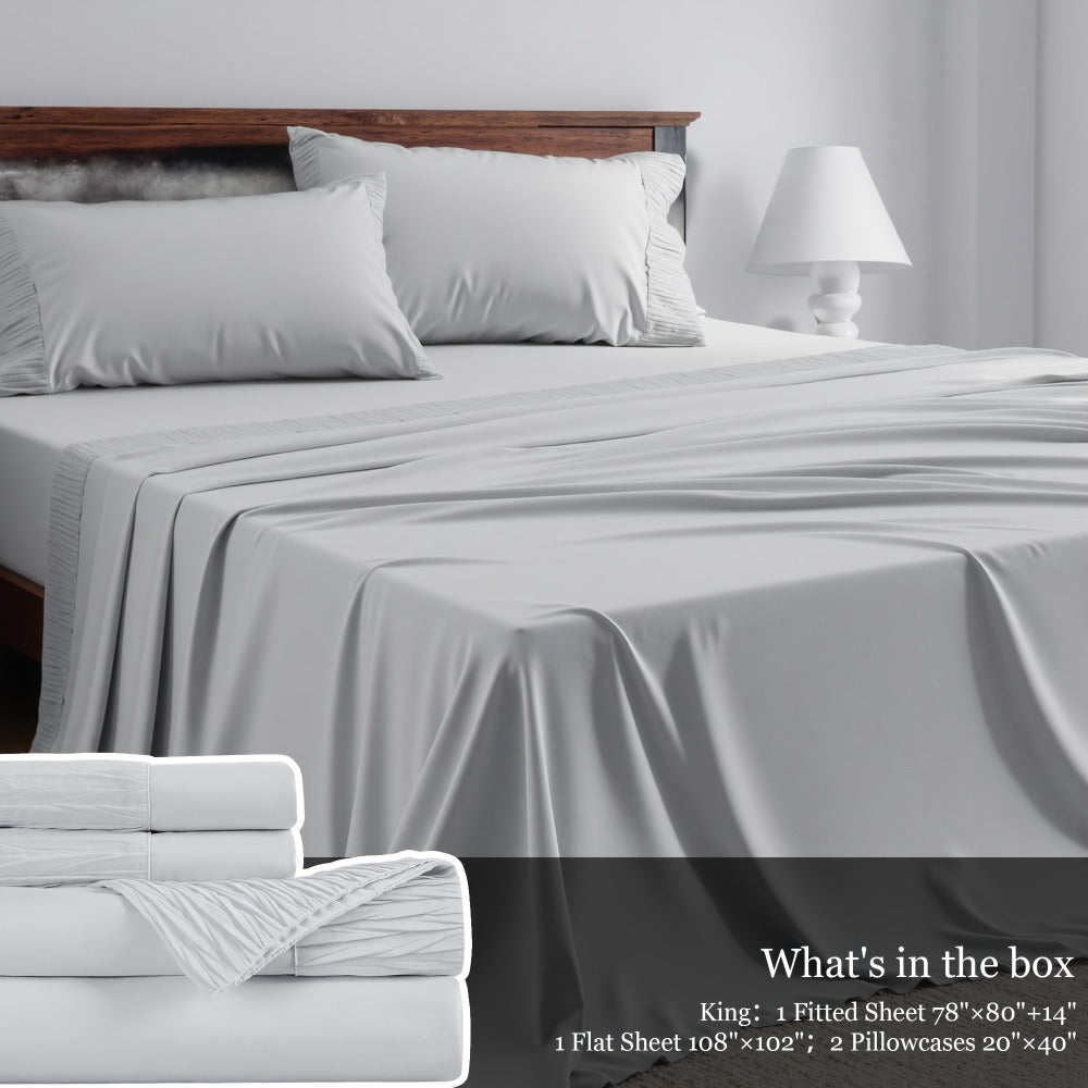 Bed Sheet Set 4-Piece Soft Breathable Cooling Sheets - Flat Sheet, Fitted Sheet & 2 Pillowcases, Wrinkle-Free Hotel Luxury Bedding, All Season Comfort
