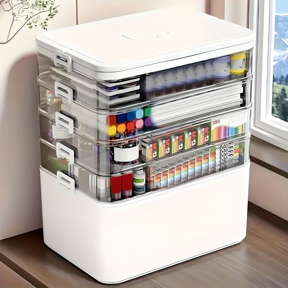 5-Tier Stackable Storage Box with Lids | Large Capacity Transparent Organizer with Handle for Home & Travel - Pill Box, Craft, Sewing, Cosmetics, Office & Bathroom Supplies, Easy to Clean, 30x16.5x31cm
