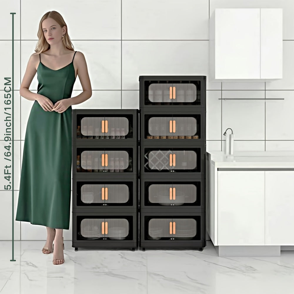 Rolling Storage Cart 4 5 Tier Double Door Collapsible Stackable Plastic Organizer with 360 Lockable Wheels Space Saving Bin for Dorm Office Closet Bedroom Garage Gym