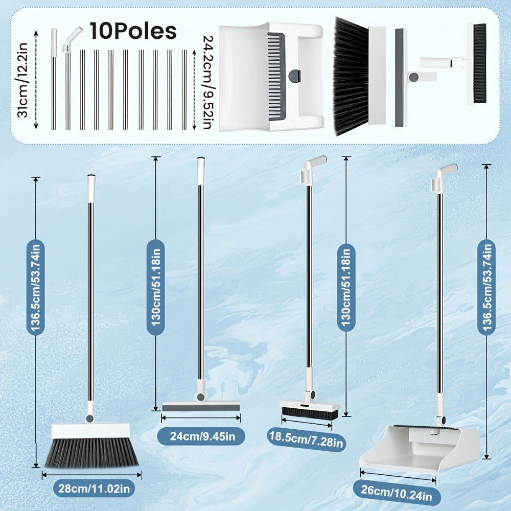 Broom and Dustpan Set with Long Handle - 2-in-1 3-in-1 4-in-1 Foldable Broom Dustpan Combo with Floor Brush for Home Office Dorm Room, Quick Dust Removal Household Cleaning Tool Set, White Pink Blue Orange Purple Grey