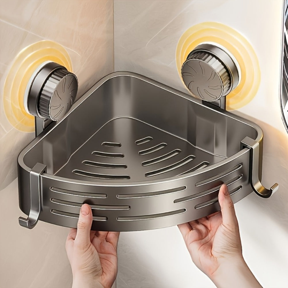 Shower Corner Shelf Suction Cup 4 Pack No Drilling Triangular Bathroom Caddy with Hooks Strong Hold for Shower Wall Tile Toilet Storage Organizer Space Saving Gray