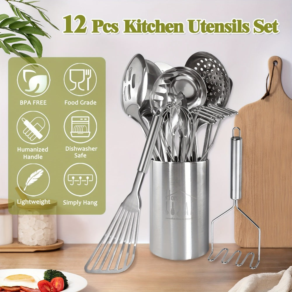 Stainless Steel Kitchen Utensils Set 12 Piece with Holder ¨C Heat Resistant Cooking Utensils, Spatula, Ladle, Tongs, Whisk, Skimmer, Potato Masher, Slotted Spoon