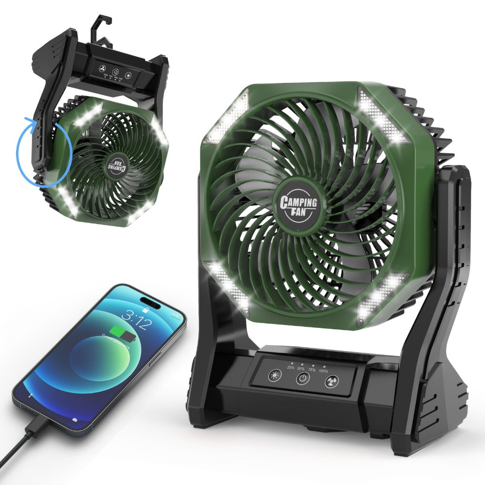 Camping Fan 20000mAh with LED Light and Brushless Motor, 4-Speed 180¡ã Oscillating Portable Outdoor Fan, 22-26H Long Runtime Anti-Slip Base, 3-in-1 Table Fan for Camping, Hiking, Picnic and Emergency