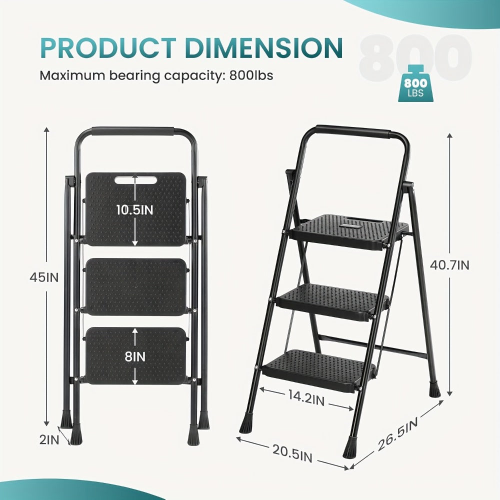 Heavy Duty Folding Steel Step Stool with Storage Shelf & Wide Anti-Slip Pedal, 800 lbs Capacity, 2/4-Step Sturdy Portable Step Ladder for Home, Garage & Workshop, Black, Grey & White