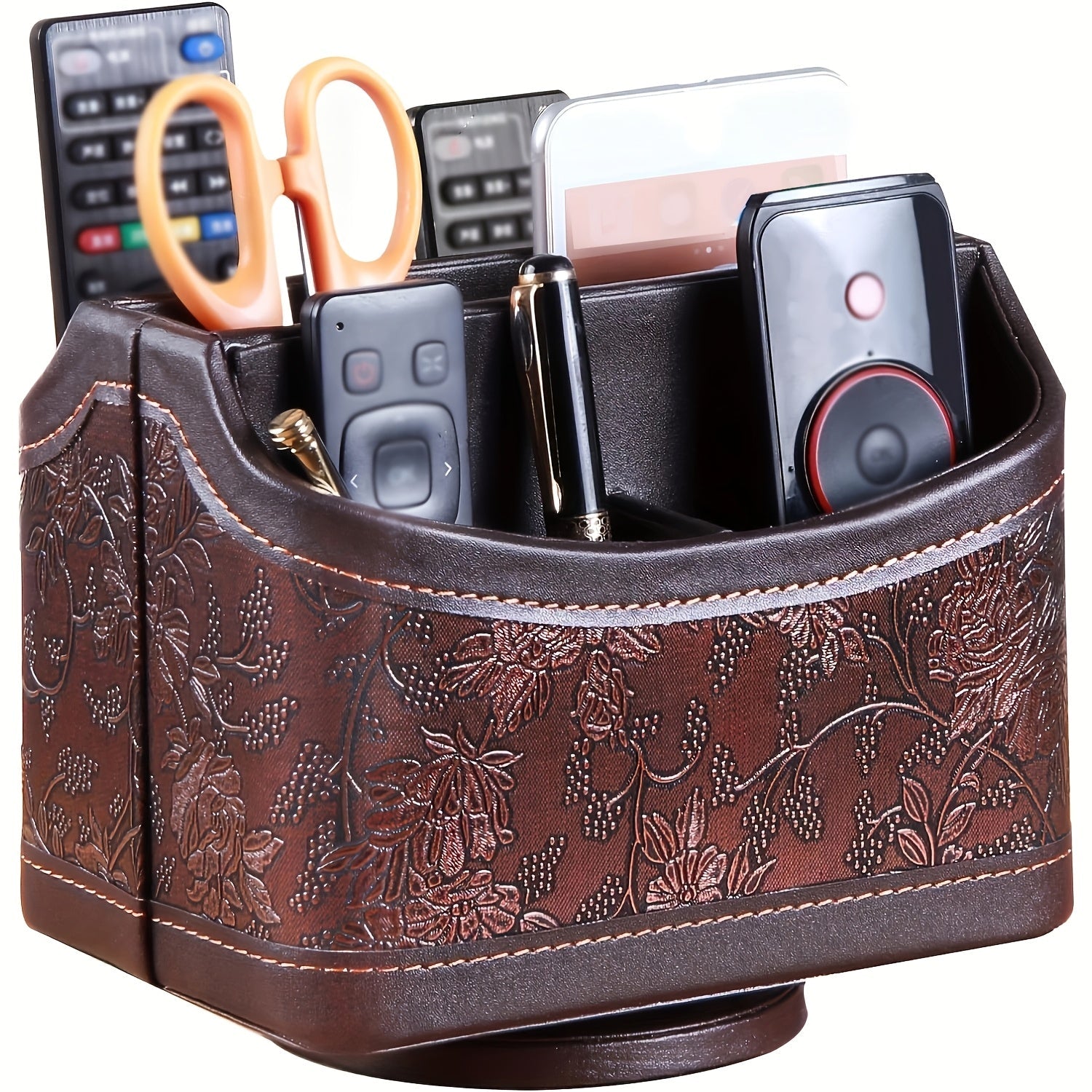 360¡ã Swivel Remote Control Holder with 5 Compartments ¨C PU Leather Desktop Organizer Caddy for TV Remotes, Phones, Glasses, Cosmetics & Stationery, Rotating Storage Box for Home Office Nightstand