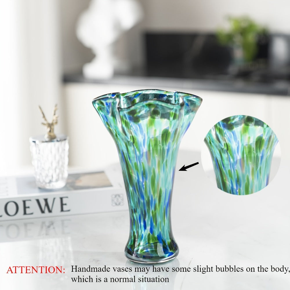 Hand Blown Glass Vase Colorful Wide Mouth, Teal Green Art Glass Flower Vase for Fresh Flowers & Spring Arrangements, Decorative Centerpiece for Bookshelf, Dining Table, Bedroom & Living Room