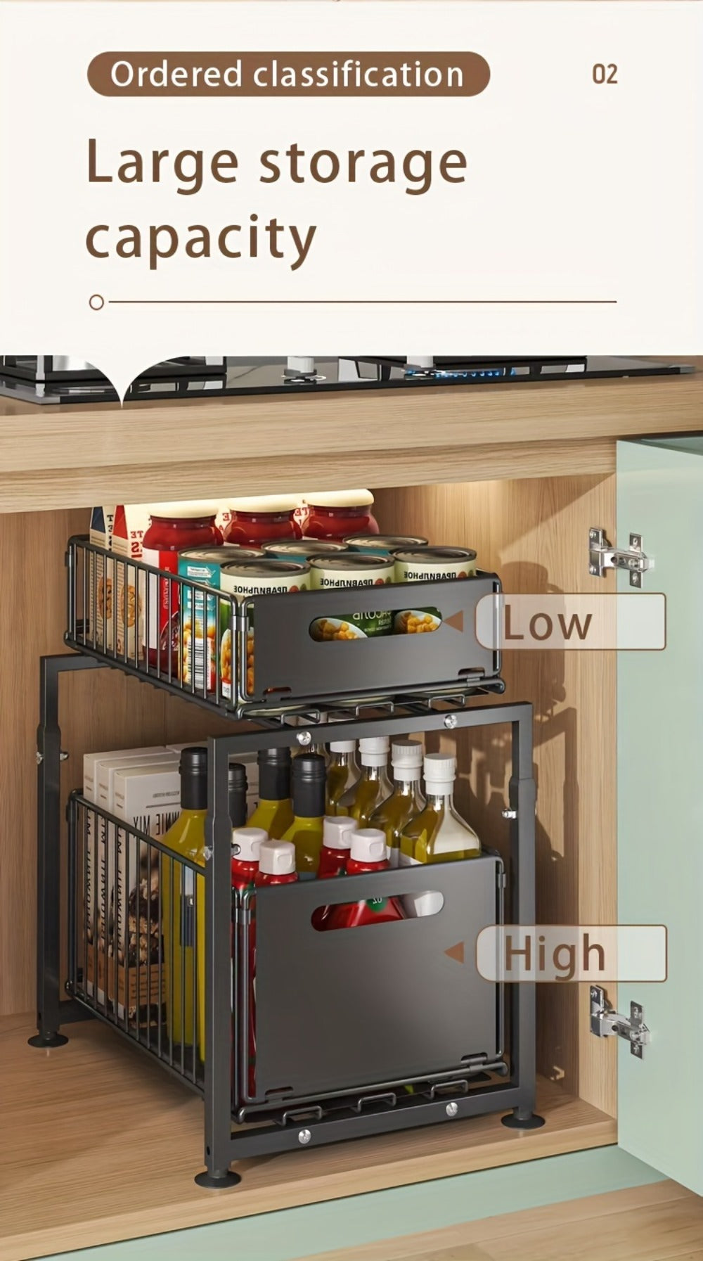 Under Sink Organizer 2-Tier Pull Out - Adjustable Height Carbon Steel Cabinet Storage Shelf for Kitchen and Bathroom, Space Saving Sliding Drawer Rack for Cleaning Supplies Pots and Toiletries, Heavy Duty Under Cabinet Organizer Available in 1 or 2 Pack