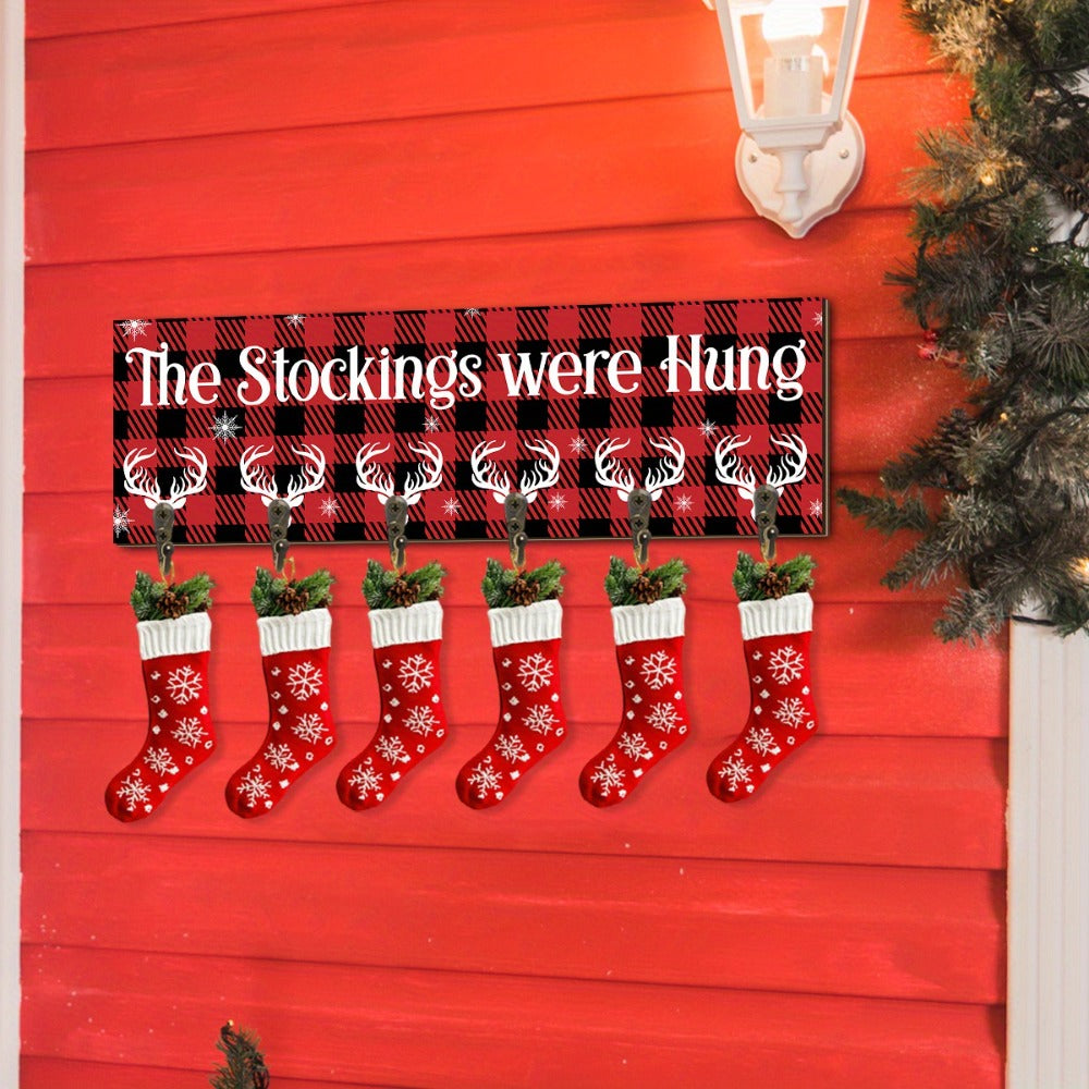 Christmas Stocking Holder with 6 Hooks ¨C Wooden Sign Wall Rack with Snowflake Design & ¡±The Stockings Were Hung¡± Quote, Santa Claus Mantel Hanger for Holiday Fireplace Decor