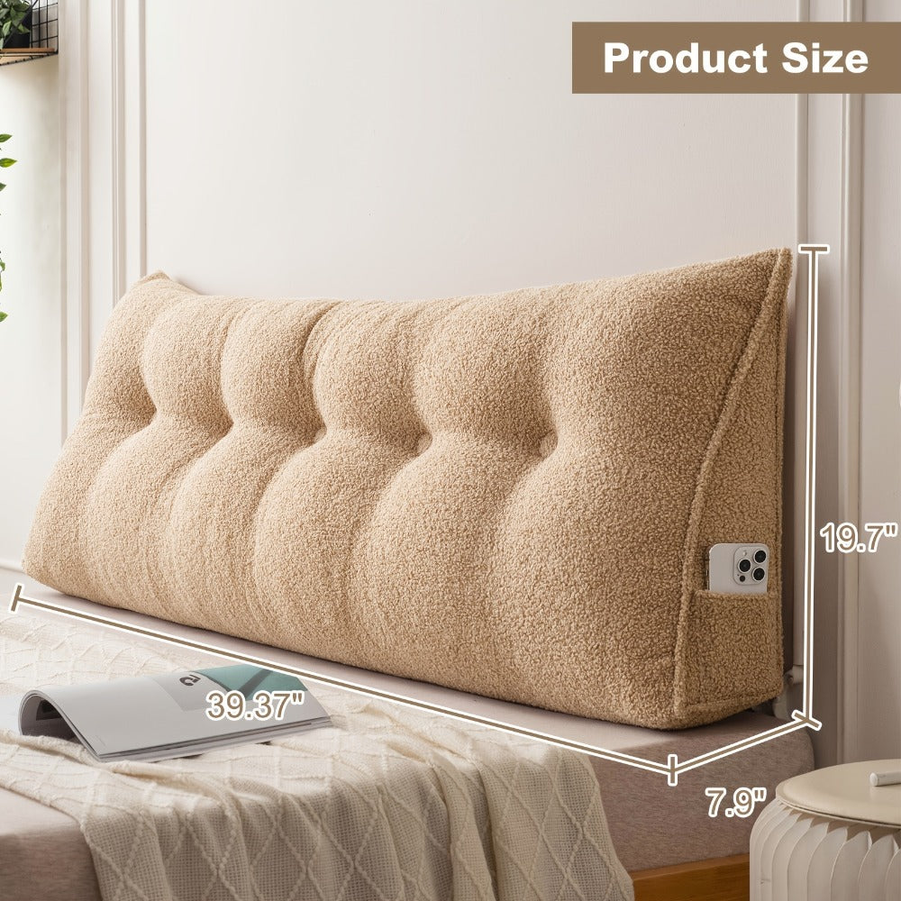 Bed Wedge Pillow Headboard Pillow with Side Pockets Removable Washable Cover Teddy Velvet Reading Pillow Twin Queen King