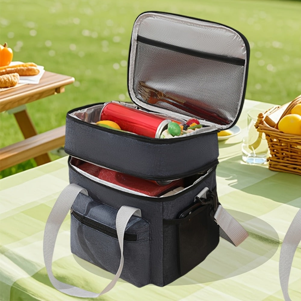 Insulated Lunch Bag Large Double Layer Leakproof Cooler Tote Bag with Adjustable Crossbody Strap for Men Women Office Picnic Travel Camping in Black Grey Burgundy Blue