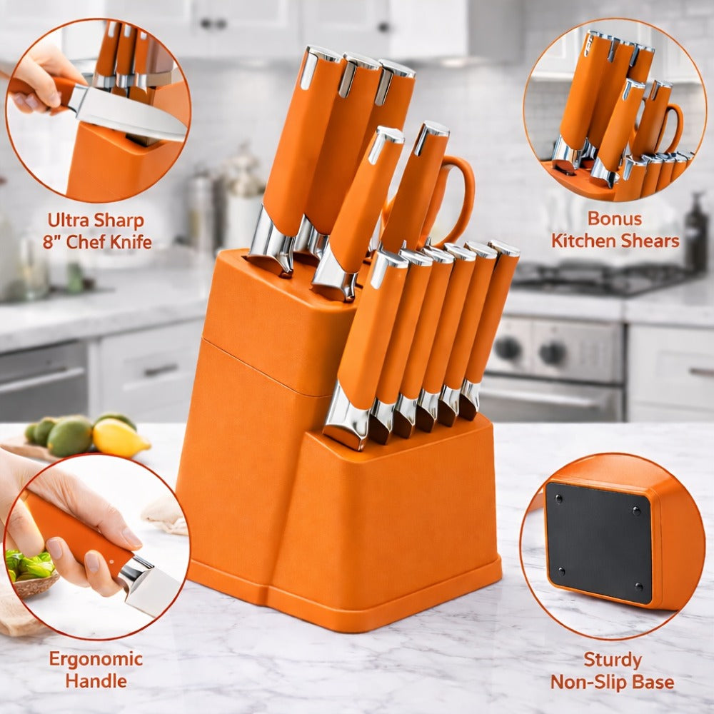 13-Piece Kitchen Knife Set with Block, Chef Bread Steak Knives Scissors Stainless Steel Colorful Cutlery Gift Set with Knife Holder