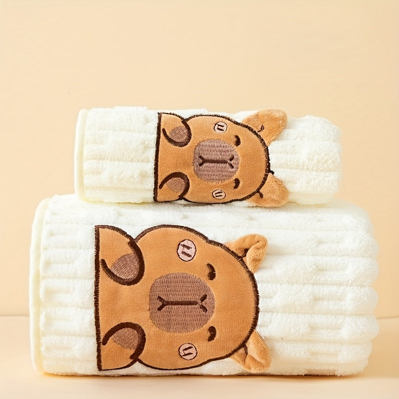 Bath Towel Set 2 Piece Cute Capybara Coral Fleece Super Soft Ultra Absorbent Quick Dry Face Towel and Bath Sheet for Spa Gym Hotel Guest Bathroom