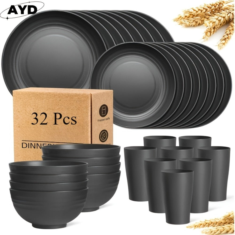 Wheat Straw Dinnerware Set Unbreakable 16 or 32-Piece Service for 4 or 8, Lightweight Dishwasher Microwave Safe Dish Set with Plates Bowls Cups, Modern Kitchen Tableware for Everyday Camping Outdoor Use