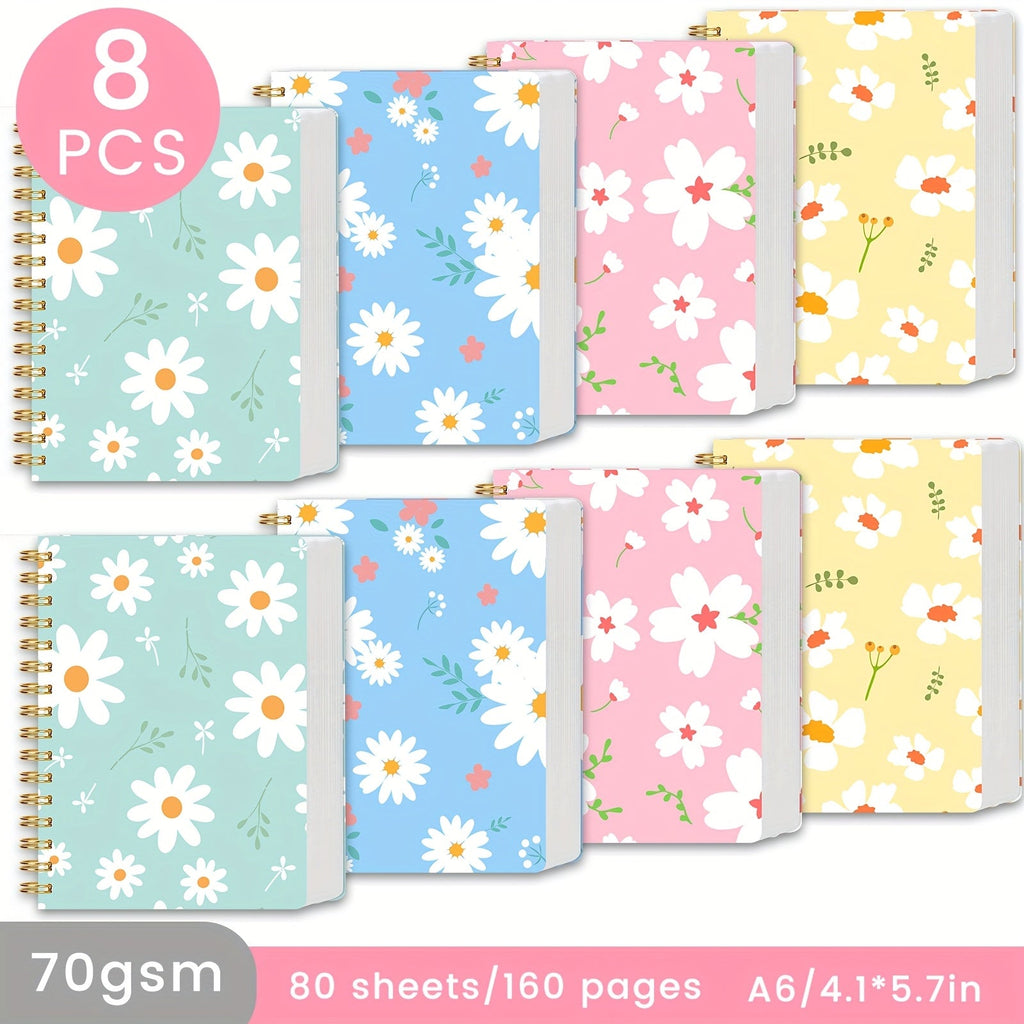 A6 Spiral Notebooks 8 Pack - Floral Design College Ruled Journals with Tear-Off Pages | Portable Memo Pads for Students & Office | Gift Set