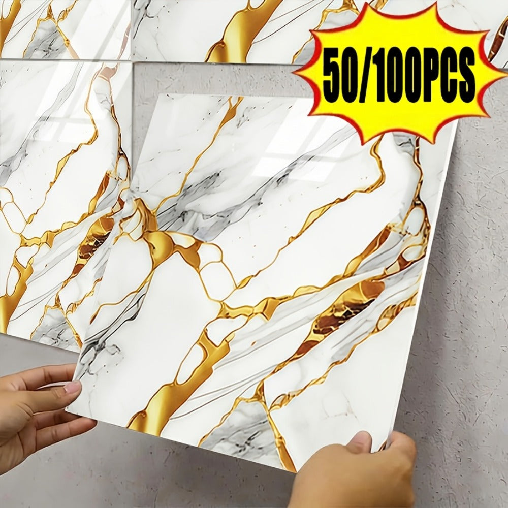Self-Adhesive Marble Tile Stickers 11.8x11.8in Peel and Stick Wall Tiles for Bathroom Kitchen Backsplash ¨C Waterproof 3D Glossy Imitation Marble Wall Panel, Easy to Install, 50 or 100 Pack