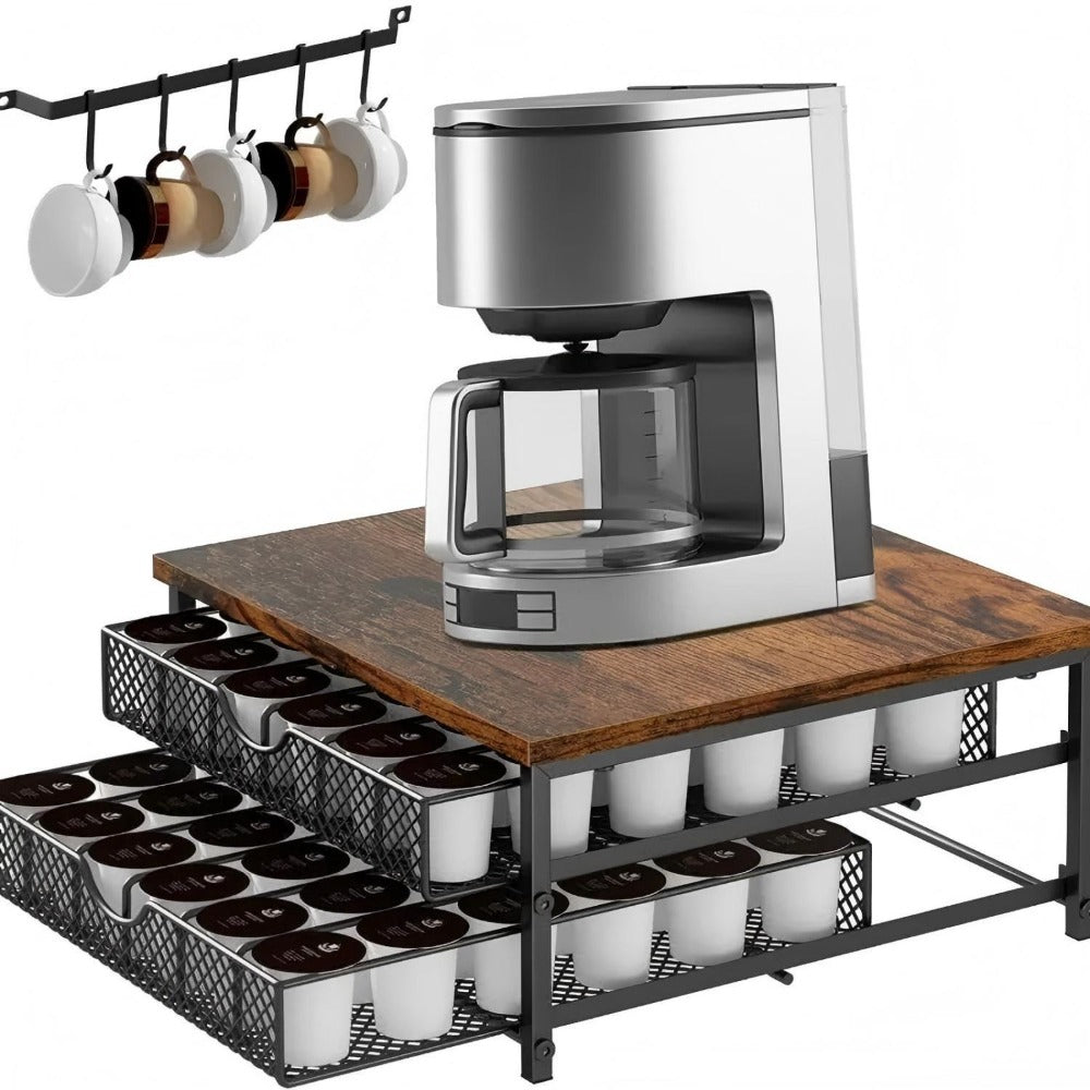 K-Cup Coffee Pod Holder 72 Capacity ¨C 2-Tier Sliding Drawer Coffee Pod Organizer with Wood Top & Metal Frame, Non-Slip Base, Stackable Countertop Storage for Home, Office & Cafe ¨C Silver