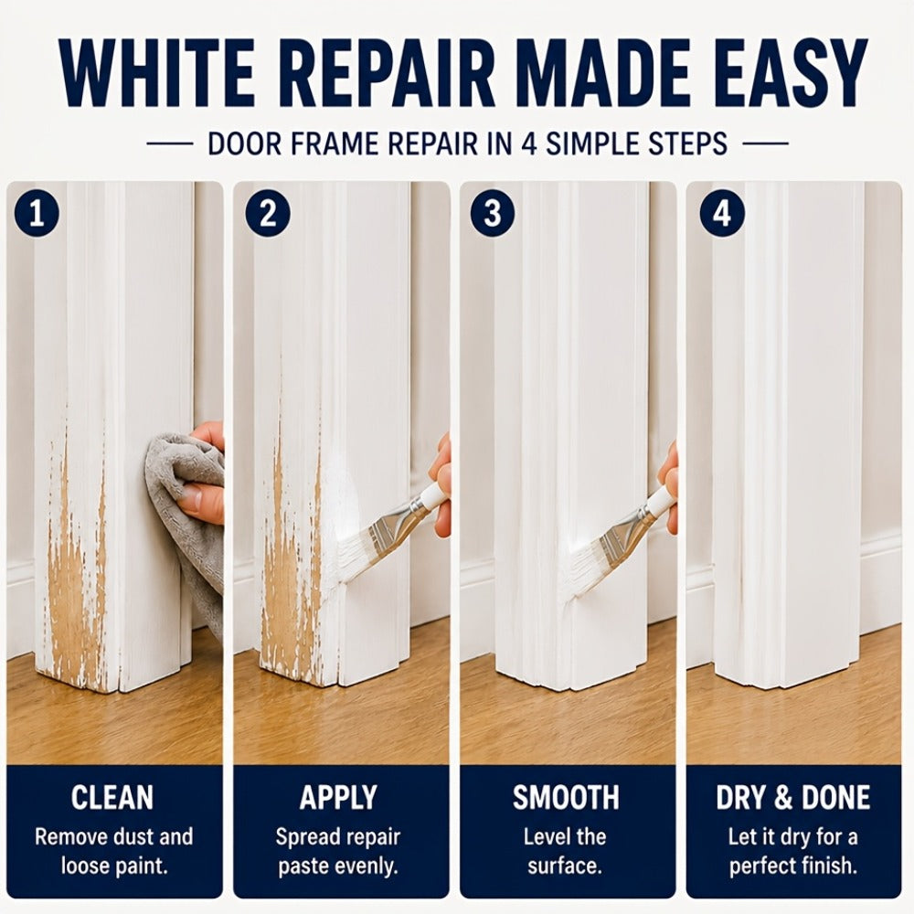 Wood Repair Filler Paste - White Trim Repair for Door Frames, Window Frames, Baseboards & Cabinets - Covers Scratches, Chips & Peeling Paint - Fast Drying Water-Based Formula