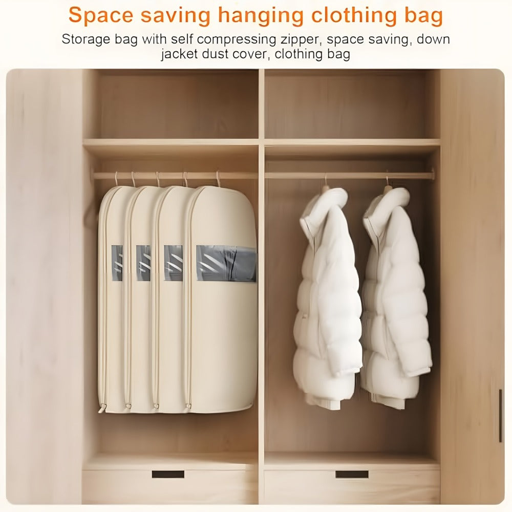 Hanging Garment Bag with Compression Zipper Space Saving Dustproof Clothes Storage Bag with Self Compression Zip Technology for Suits Dresses Coats Closet Wardrobe Organization Beige