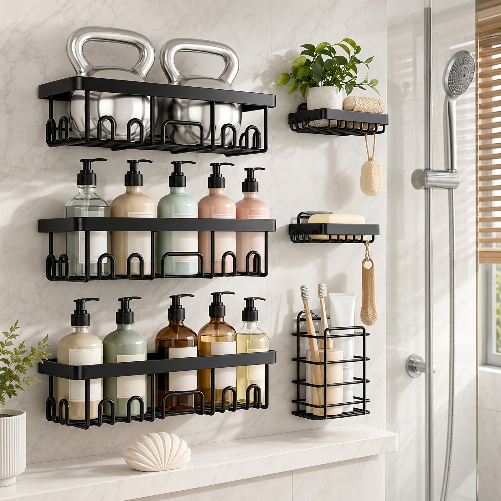 Shower Caddy Organizer Set 6 Piece No Drilling - Adhesive Wall Mounted Bathroom Storage Rack 13 Inch Toilet Paper Holder Soap Dish Toothbrush Holder Shower Shelf | Black | Kitchen Bathroom Organization