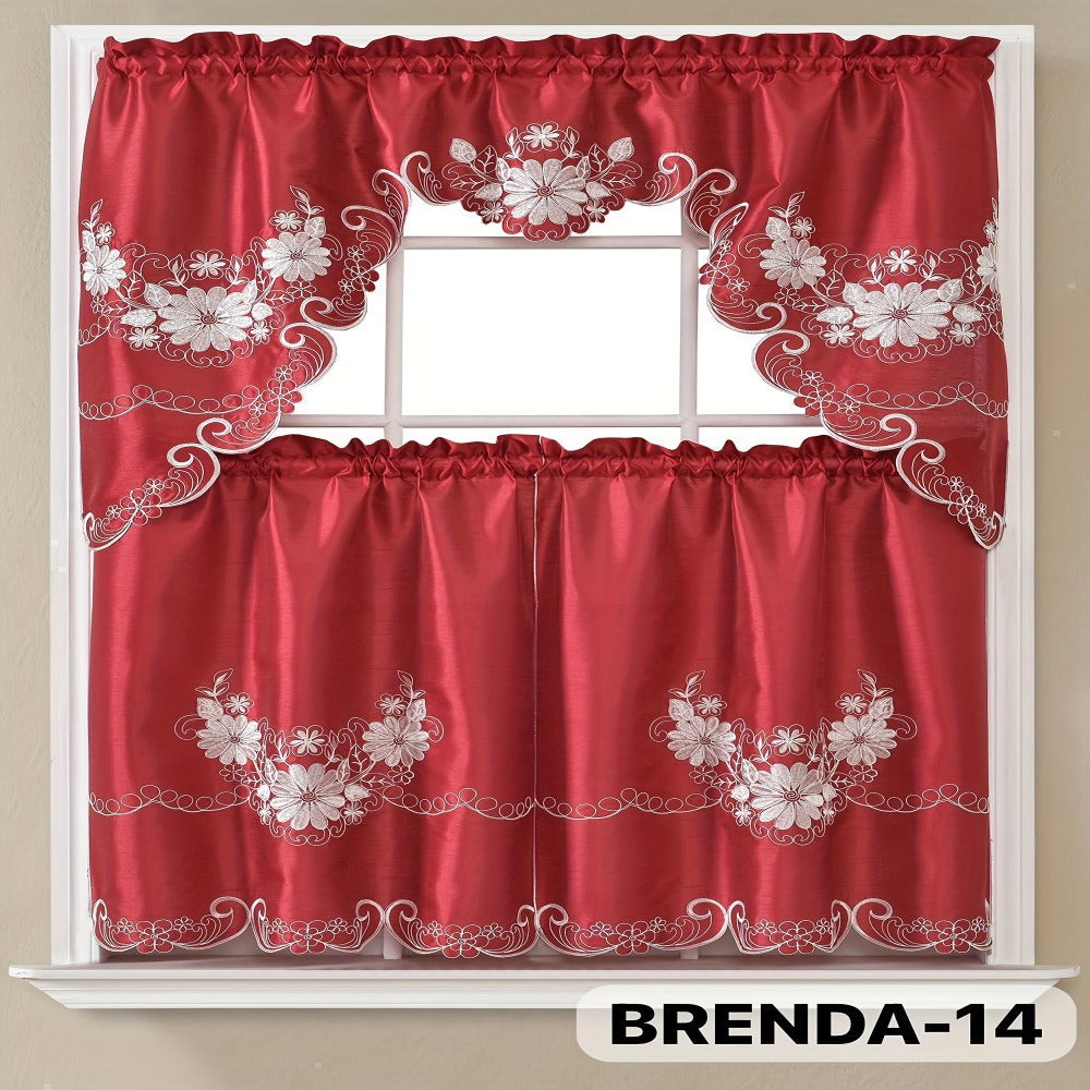 Kitchen Curtains 3 Piece Set Embroidered Satin Valance and Tiers - Rod Pocket Light Filtering Machine Washable 46 Colors Available All Season Home Decor
