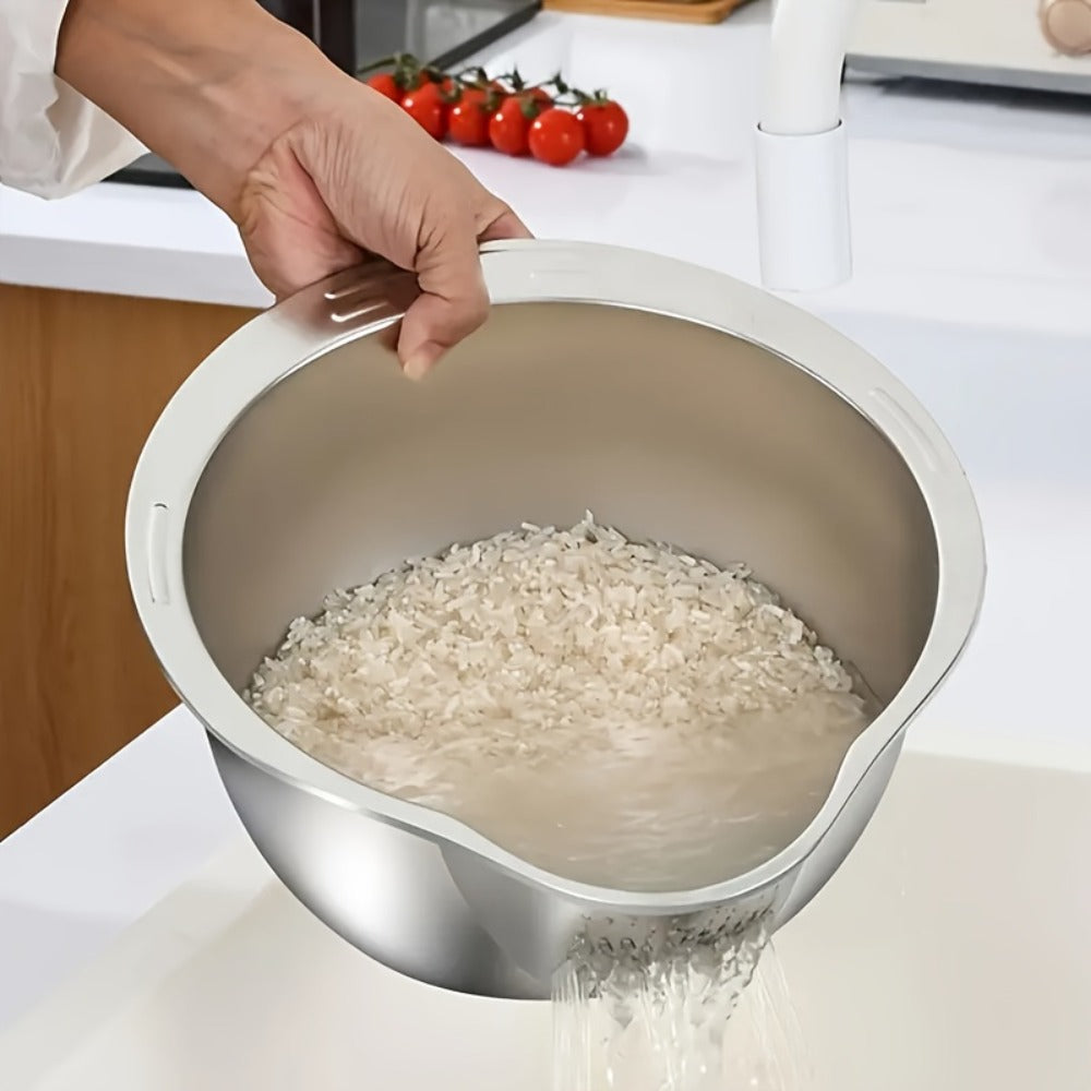 Stainless Steel Kitchen Colander with Handle - Multipurpose Rice Strainer Mesh Basket for Washing Rice, Fruit, Vegetables, Food-Safe Durable Water Drainer